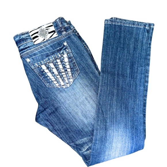 Clash Jeans Women's Size 11 Zebra Pockets Blue Denim Pants Low Rise Straight Leg - Picture 1 of 6